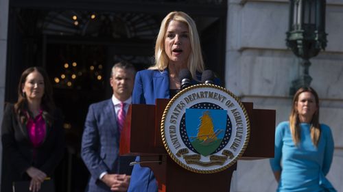 Attorney General Pam Bondi, front, with Agriculture Secretary Brooke Rollins, back left to right, Secretary of Defense Pete Hegseth and Arkansas Gov. Sarah Huckabee Sanders, speaks during a news conference at the Department of Agriculture to rollout the USDA'S National Farm Security Action Plan and discuss actions being taken to protect American agriculture from foreign threats in Washington, Tuesday, July 8, 2025. (AP Photo/Manuel Balce Ceneta)