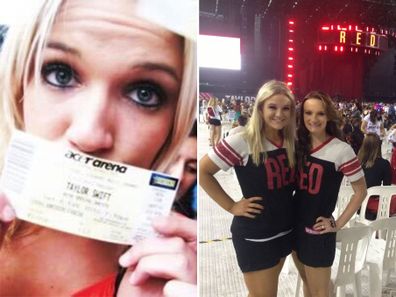 Carly Heading with her first ever Taylor Swift concert ticket (left) and at the Red tour in Australia (right).