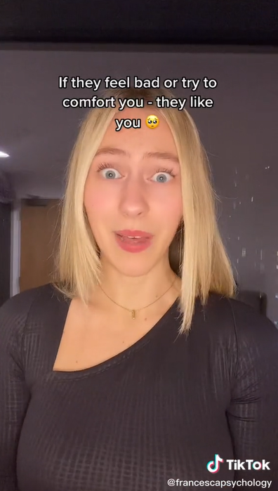 In a video posted to TikTok coach Francesca reveals how you can tell if someone likes you by their reaction to you crying.
