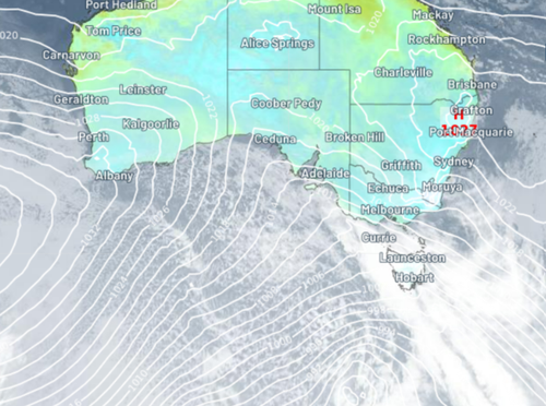 The speckled field of clouds lurking in the Great Australian Bight is an indicator of snow. 