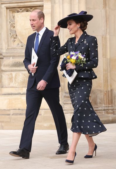 Prince William, Prince of Wales and Catherine, Princess of Wales smile as they depart the 2023 Commonwealth Day Service at Westminster Abbey on March 13, 2023 in Londonm 