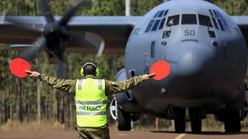 An Air Force C-130J Hercules aircraft arrives at RAAF Base Scherger, in Queensland during Exercise Talisman Sabre 2021.