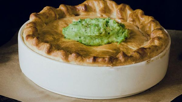 Hobba's smoked fish pie with pea pesto