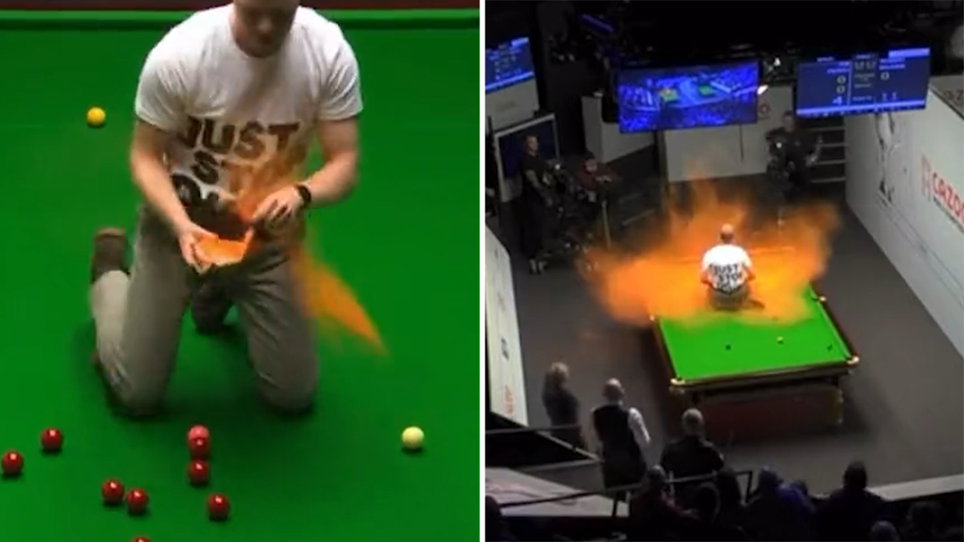 Climate protestors force play to be stopped at World Snooker Championship 