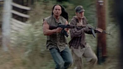 The Walking Dead, Dango Nguyen, running, gun, on set 