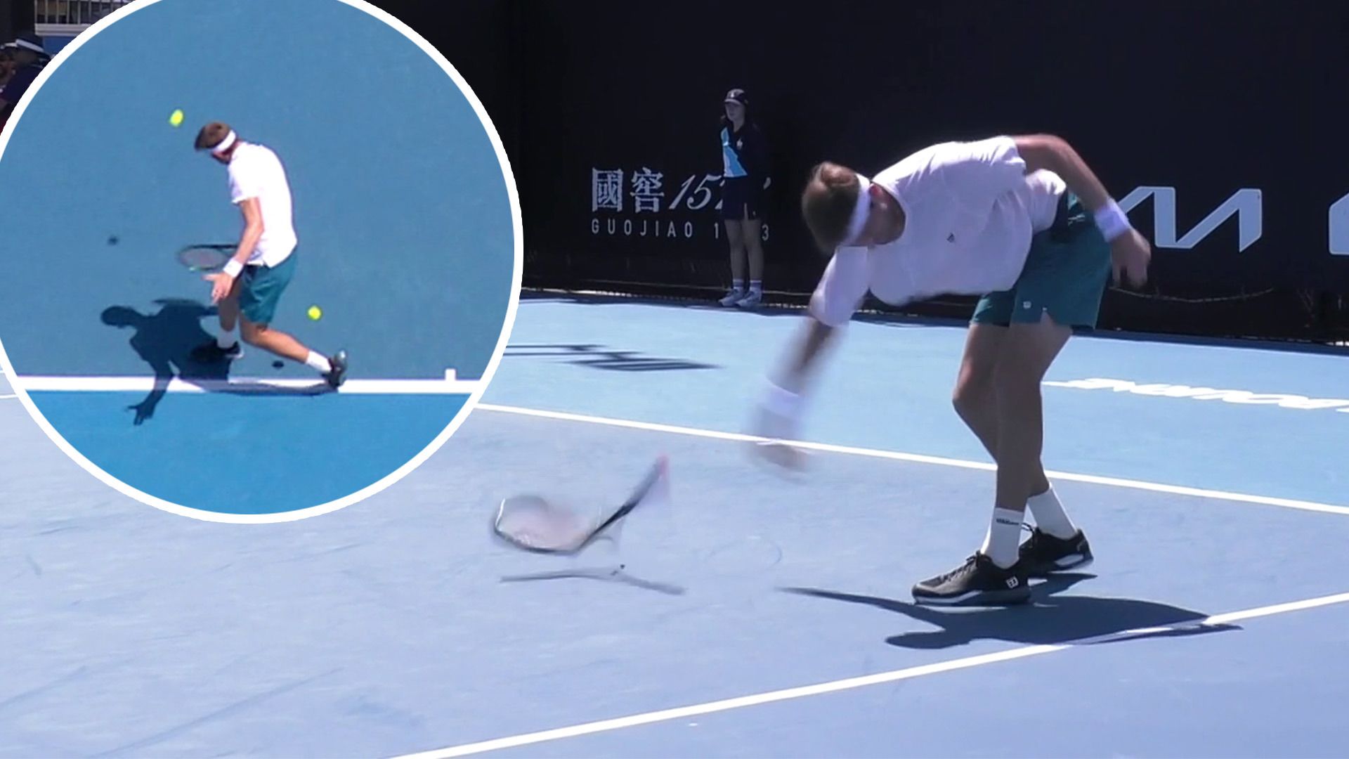 Nicolas Jarry smashes his racquet in disgust after losing to qualifier Flavio Cobolli.