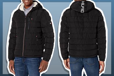 9PR: Tommy Hilfiger Men's Midweight Sherpa Lined Hooded Water Resistant Puffer Jacket, Black Tech