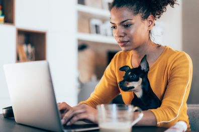 Young afro-american woman sitting with her pet dog and using laptop at home