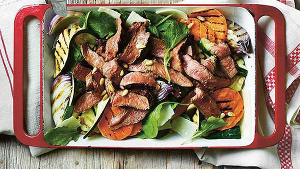 Grilled beef rump steak, zucchini, sweet potato and rocket salad