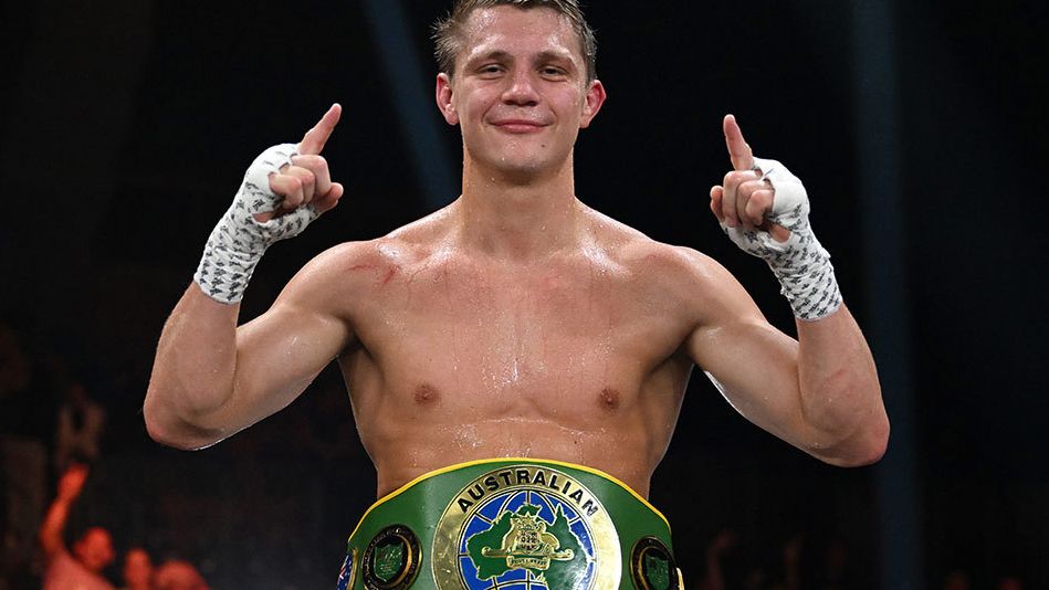 Nikita Tszyu celebrates after his Australian super welterweight title win over Dylan Biggs