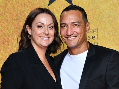 Celeste Barber and Api Robin attends the Australian premiere of Hamilton at Lyric Theatre, Star City on March 27, 2021 in Sydney, Australia.