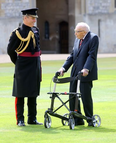 Captain Sir Thomas Moore arrives prior being awarded with the insignia of Knight Bachelor by Queen Elizabeth II at Windsor Castle on July 17, 2020 in Windsor, England