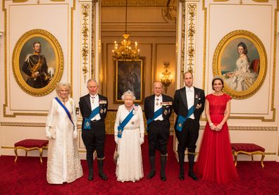 L-R: Camilla, Duchess of Cornwall, Prince Charles, Queen Elizabeth II, Prince Phillip, Prince William, Catherine, Duchess of Cambridge