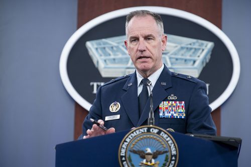 Pentagon spokesman Air Force Brig. Gen. Patrick Ryder speaks at the Pentagon on October 26, 2023 in Washington. 