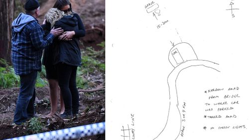 Faye and Mark Leveson (left) comfort each other alongside friend Rachel Sanki after police finally find Matthew's body in May 2017. Michael Peter Atkins had drawn a map to help detectives locate the grave inside a NSW national park (right). (AAP)