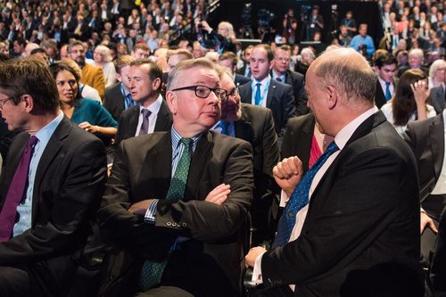 Michael Gove in the audience before Prime Minister Theresa May's speech at the Conservative Party Conference. (AAP)