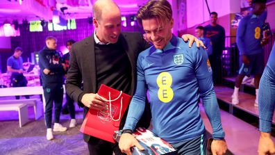 Prince William, Prince of Wales talks to Jack Grealish of England at St George&#x27;s Park on November 14, 2022 in Burton upon Trent, England 