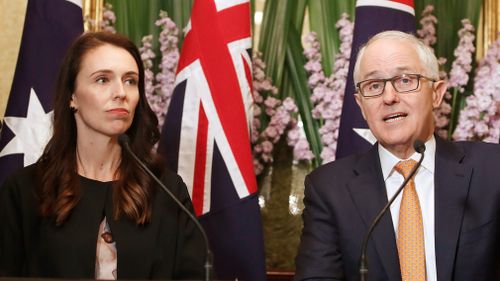 Australian Prime Minister Malcolm Turnbull talks as New Zealand Prime Minister Jacinda Ardern listens during a press conference after their meeting in Sydney, Australia. (AAP)