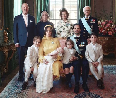 The baptism of Princess Ines of Sweden: official portrait with her grandparents King Carl XVI Gustaf and Queen Silvia and Erik Hellqvist and Marie Hellqvist, the parents of Princess Sofia, June 13 2015.