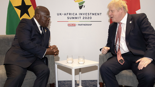 Britain's Prime Minister Boris Johnson meets with President of Ghana Nana Akufo-Addo, left, at the UK Africa Investment Summit in London, Monday Jan. 20, 2020. 