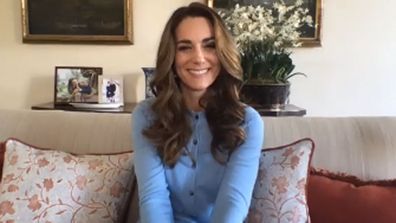 Kate Middleton, Duchess of Cambridge wearing Boden cardigan during video call with Hold Still finalist