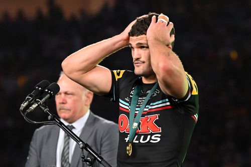 Nathan Cleary accepts the Clive Churchill Medal after winning the 2023 NRL grand final with Penrith.