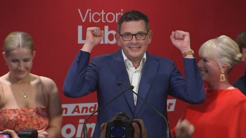 Victorian Premier Daniel Andrews delivering his victory speech.