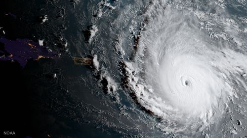 In this geocolor image captured by GOES-16 and released by the National Oceanic and Atmospheric Administration (NOAA), Hurricane Irma, a potentially catastrophic category 5 hurricane, moves westward in the Atlantic Ocean toward the Leeward Islands. (NOAA)