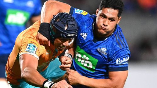 Tuivasa-Sheck playing for the Blues against Moana Pasifika during a Super Rugby Pacific in May.