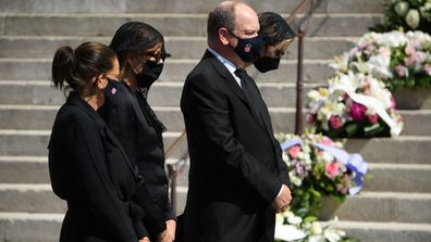 (L-R) Princess Stephanie of Monaco, Princess Caroline of Hanover, Prince Albert II of Monaco and Princess Charlene of Monaco arrive at the Monaco Cathedral for Elizabeth-Ann De Massy's Funerals on June 17, 2020 in Monaco, Monaco