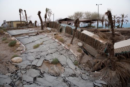 A spa facility, collapsed, due to the withdrawal of the Dead Sea water line.