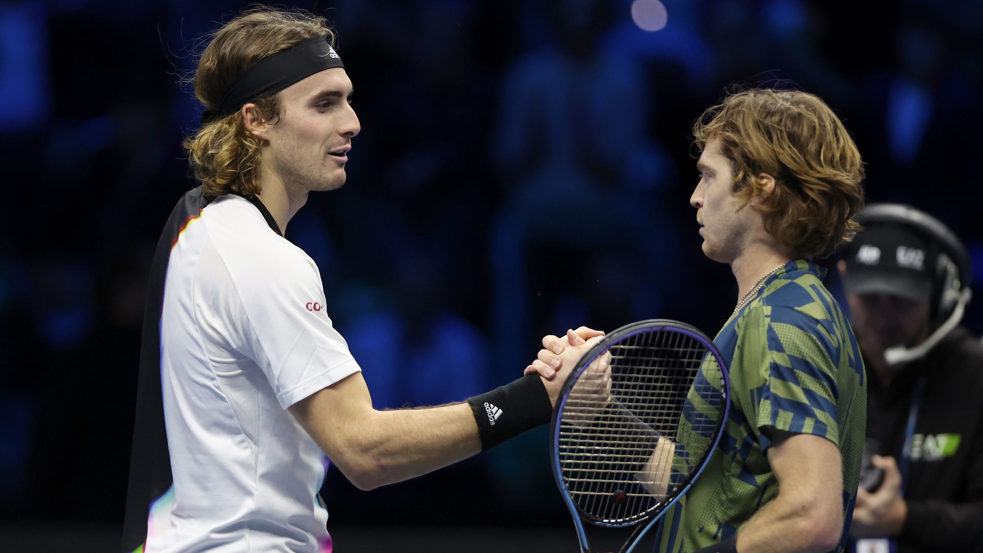 Stefanos Tsitsipas of Greece congratulates Andrey Rublev of Russia at the ATP Finals.