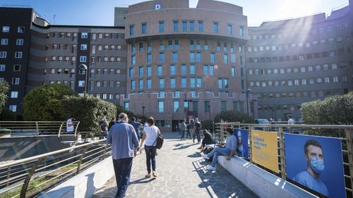 A view of the San Raffaele hospital where former Italian premier Silvio Berlusconi is hospitalisied, in Milan, Italy, Friday, Sept. 4, 2020