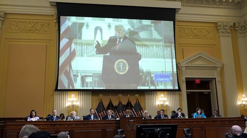 A video of former President Donald Trump speaking during a rally, as the House select committee investigating the Jan. 6, 2021, attack on the Capitol holds a hearing at the Capitol in Washington, Thursday, June 16, 2022.  The traumas of Watergate and Jan. 6 are a half century apart, in vastly different eras, and they were about different things. But in both episodes, a president tried to do an end run around democracy. Friday is the 50th anniversary of the Watergate break-in that eventually cons