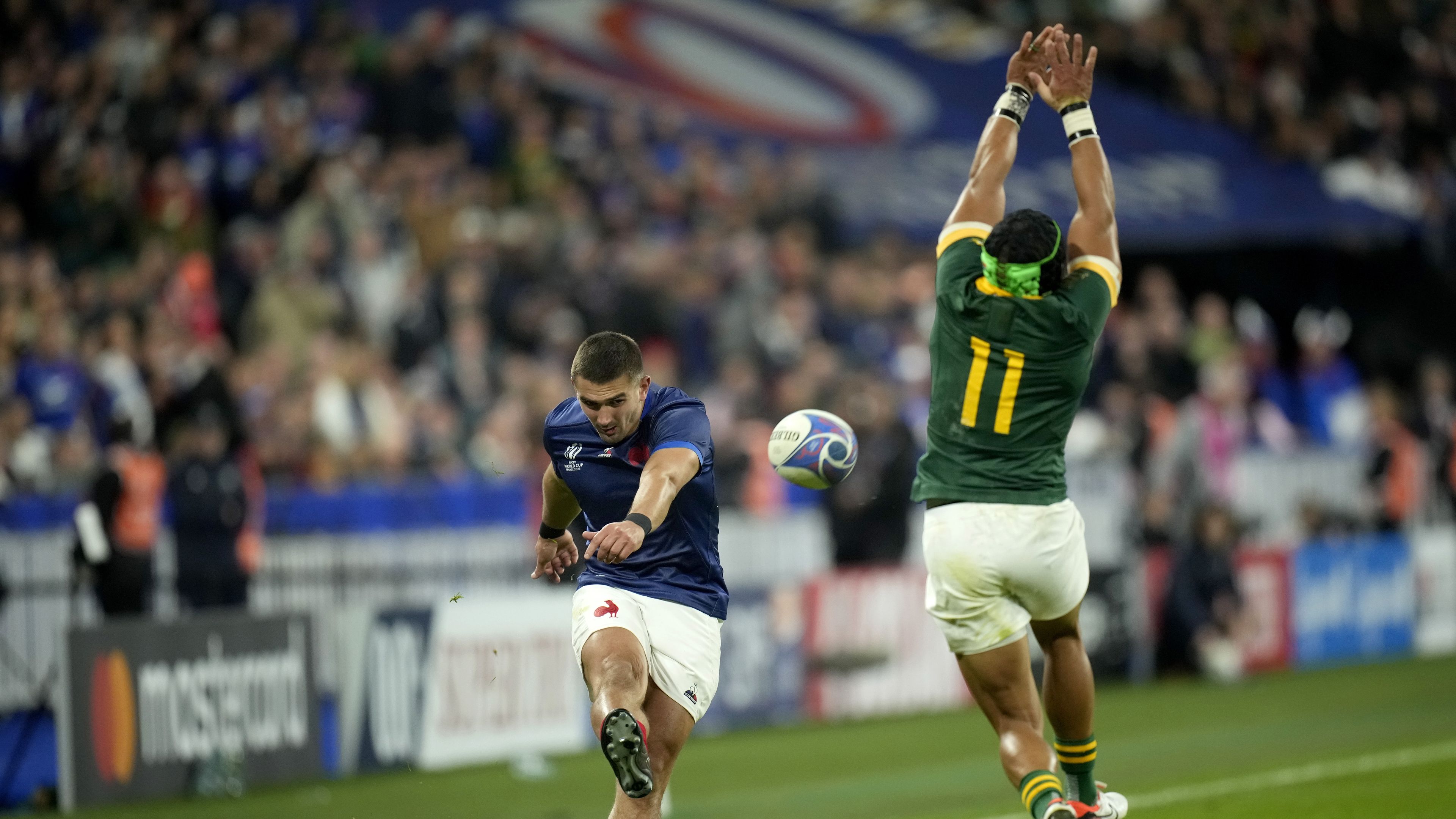 France&#x27;s Thomas Ramos has his try conversion kick charged down by South Africa&#x27;s Cheslin Kolbe.