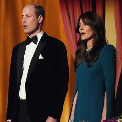 Prince William, Prince of Wales and Catherine, Princess of Wales sing the national anthem during the Royal Variety Performance at the Royal Albert Hall on November 30, 2023 in London, England. (Photo by Aaron Chown - WPA Pool/Getty Images)