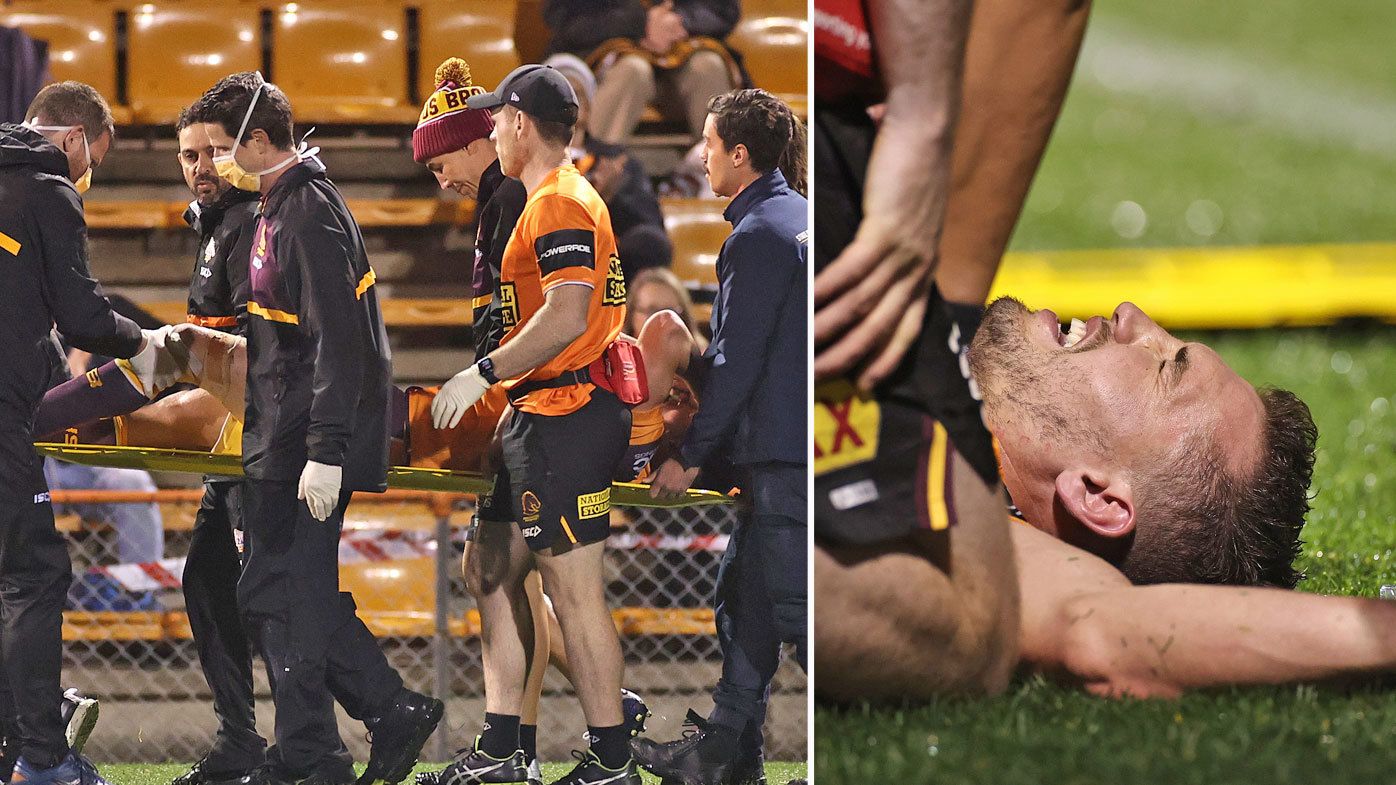 Corey Oates of the Broncos is stretchered off 