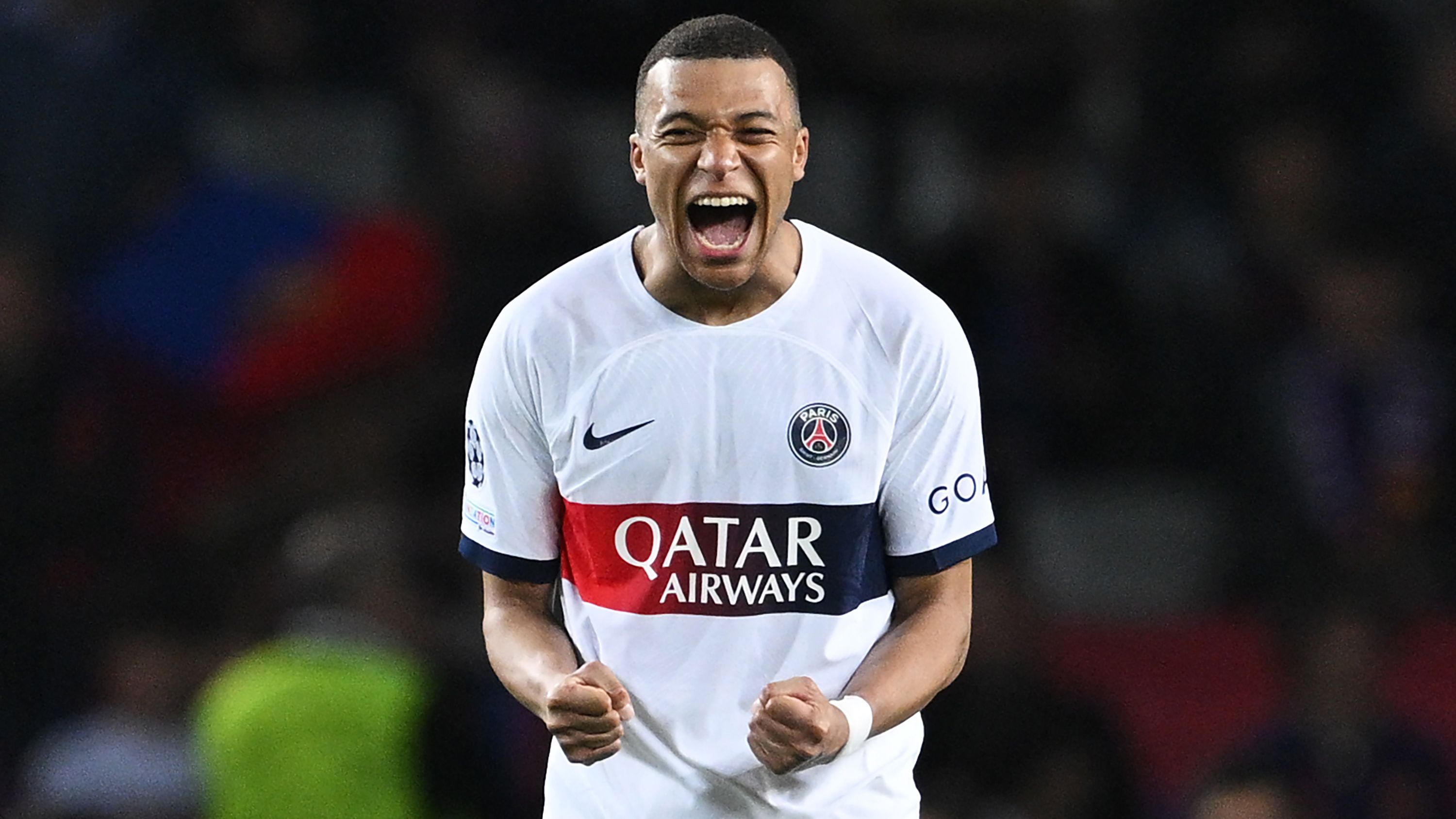 Kylian Mbappe of Paris Saint-Germain celebrates victory in the UEFA Champions League quarter-final second leg match between FC Barcelona and Paris Saint-Germain at Estadi Olimpic Lluis Companys.