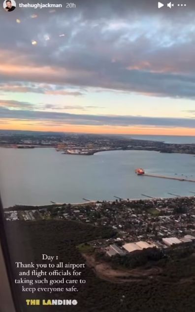 Hugh Jackman shares photo from airplane after arriving back in Australia.