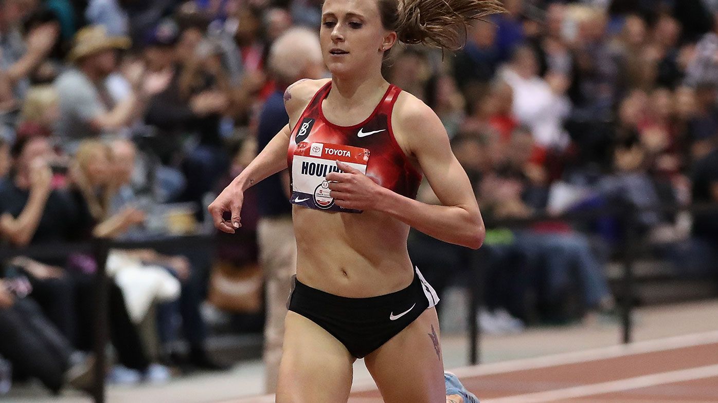 Shelby Houlihan crosses the finish line to win the Women&#x27;s 3000 Metres during the 2020 Toyota USATF Indoor Championships.
