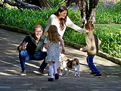 The Duke and Duchess of Sussex Prince Harry and Meghan with their children Prince Archie and Princess Lilibet, and their three dogs, pictured on the 2024 Christmas card.