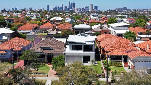 Aerial urban suburban cityscape landscape view in Perth Western Australia.
