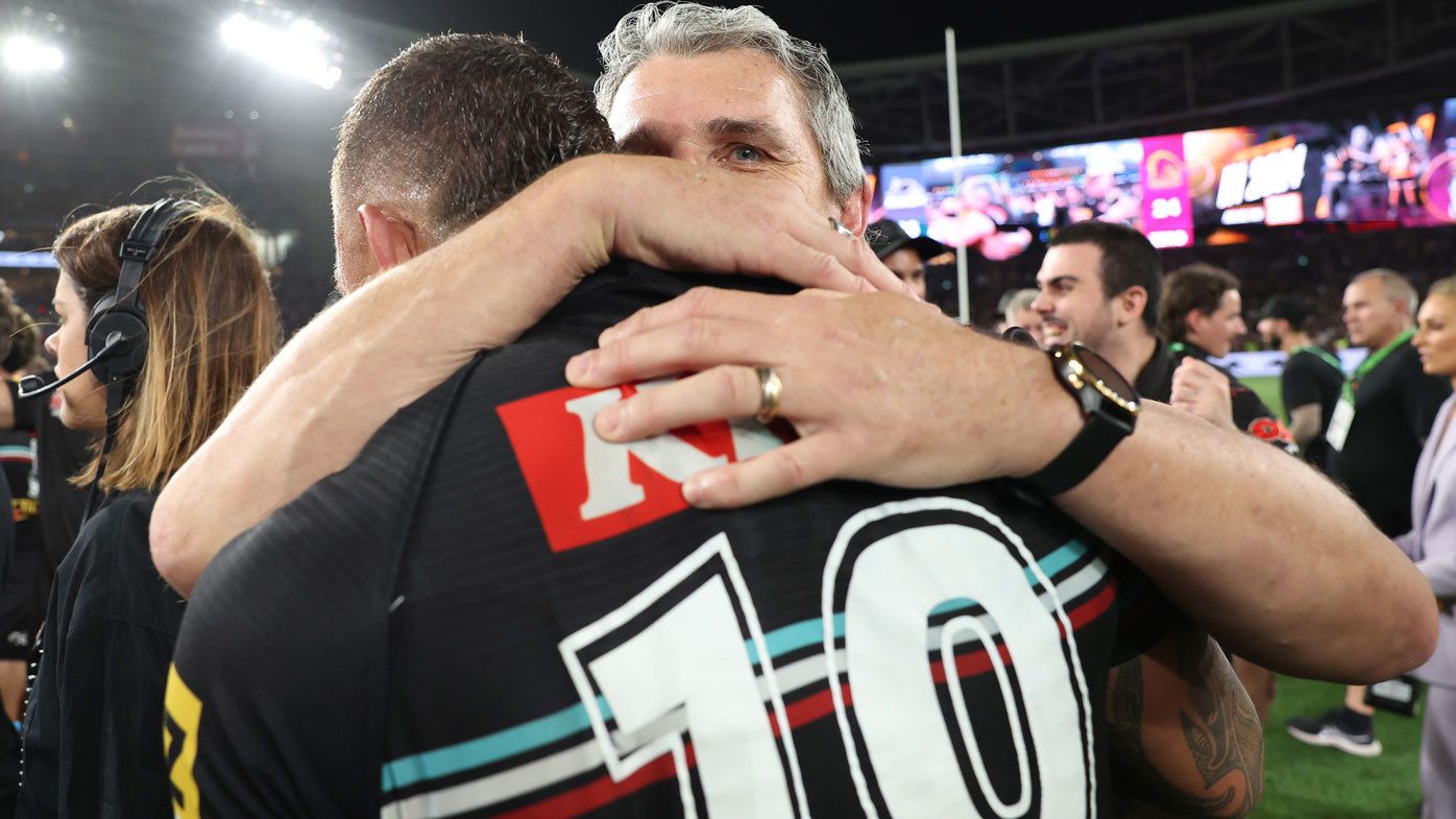 Ivan Cleary embraces James Fisher-Harris after the Panthers won the 2023 NRL grand final.