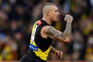 Dustin Martin celebrates milestone goal; Dustin Martin 300th game.