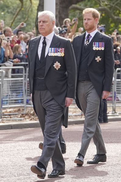 Britain's Prince Andrew, front, and Prince Harry follow the coffin of Queen Elizabeth II during a procession from Buckingham Palace to Westminster Hall in London, Wednesday, Sept. 14, 2022. The Queen will lie in state in Westminster Hall for four full days before her funeral on Monday Sept. 19. (AP Photo/Martin Meissner, Pool)