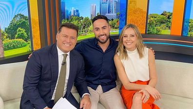 Matty Mills on the Today Show couch with Karl Stefanovic and Ally Langdon.