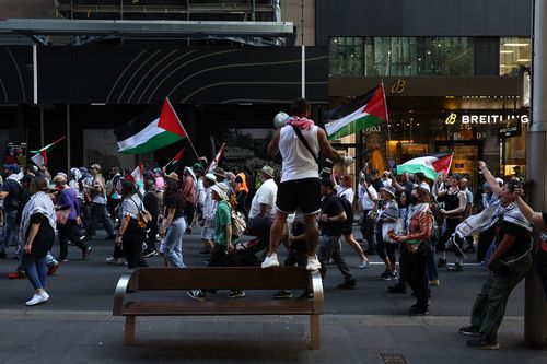 Manifestantes durante una manifestación pro Palestina organizada por el Grupo de Acción Palestina de Sydney en Hyde Park, Sydney, el 6 de octubre de 2024. Foto: Dominic Lorrimer