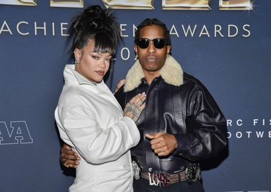 A$AP Rocky and Rihanna attend the 38th annual Footwear News Achievement Awards in 2024.
