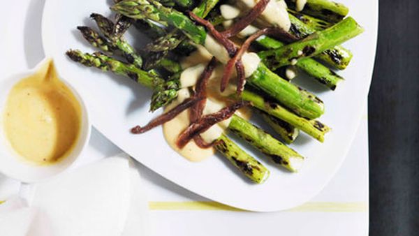 Grilled asparagus with parmesan cream and anchovies
