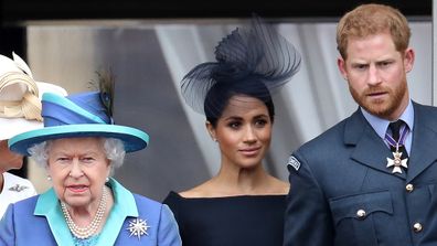 The Duke and Duchess of Sussex with Queen Elizabeth in 2018.